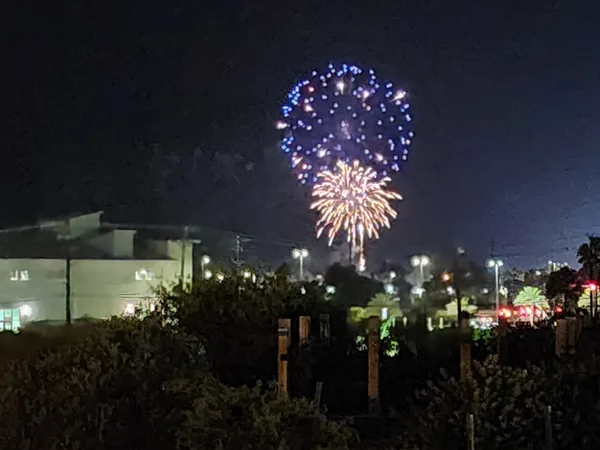 Blue and gold fireworks burst above palm trees and island buildings at night.