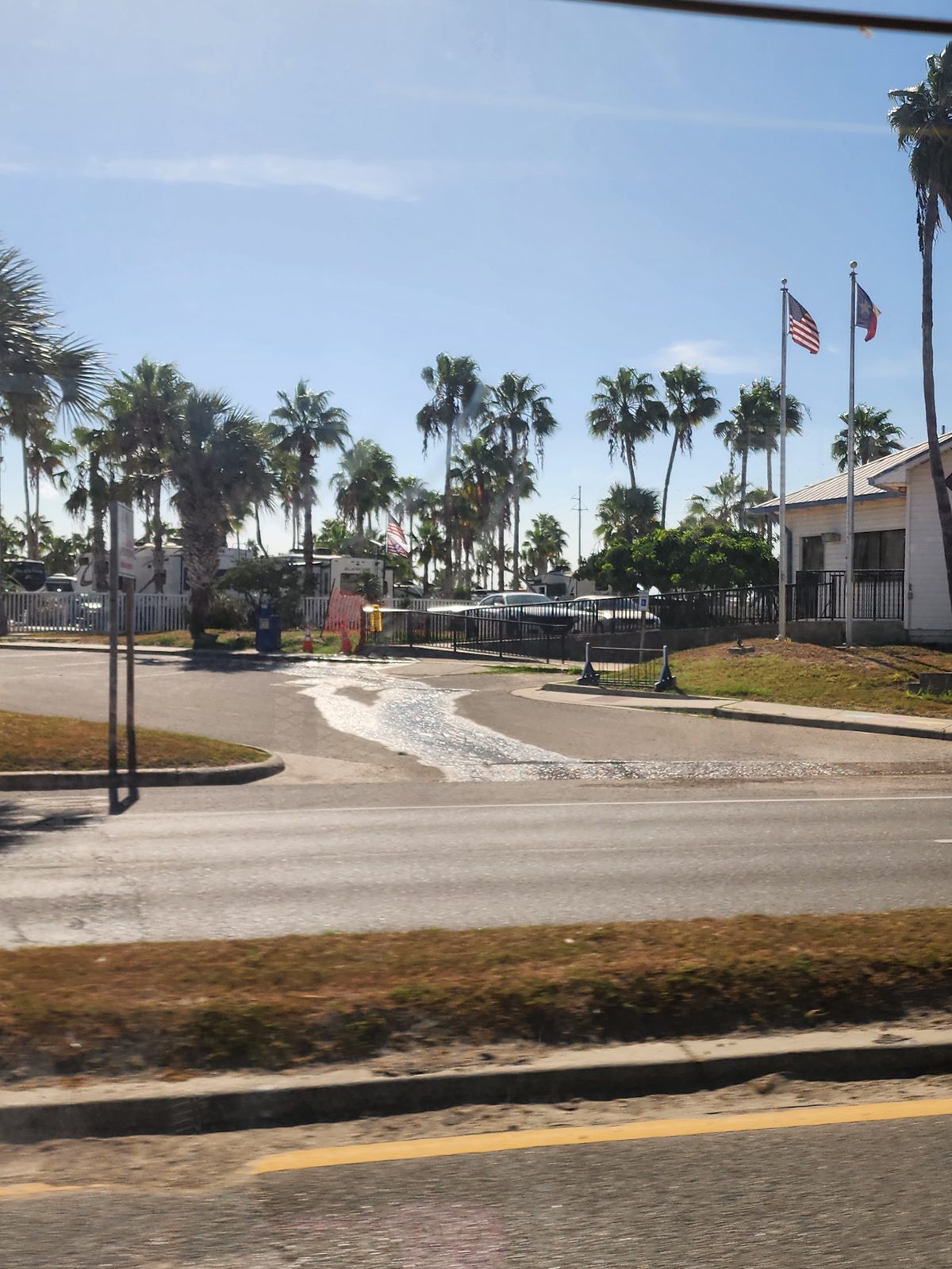 Gated entrance to a palm-shaded RV park across a road, with travel trailers behind a white fence and a small white building flying US and Texas flags.