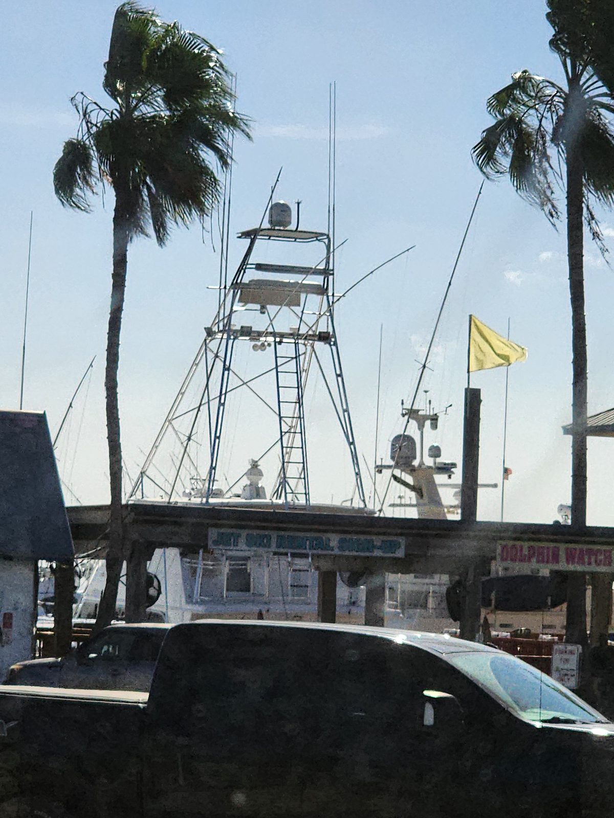 A sportfishing boat's tall tower and outriggers rise above marina signs reading Jet Ski Rental Sign-Up and Dolphin Watch, with a truck in the foreground.