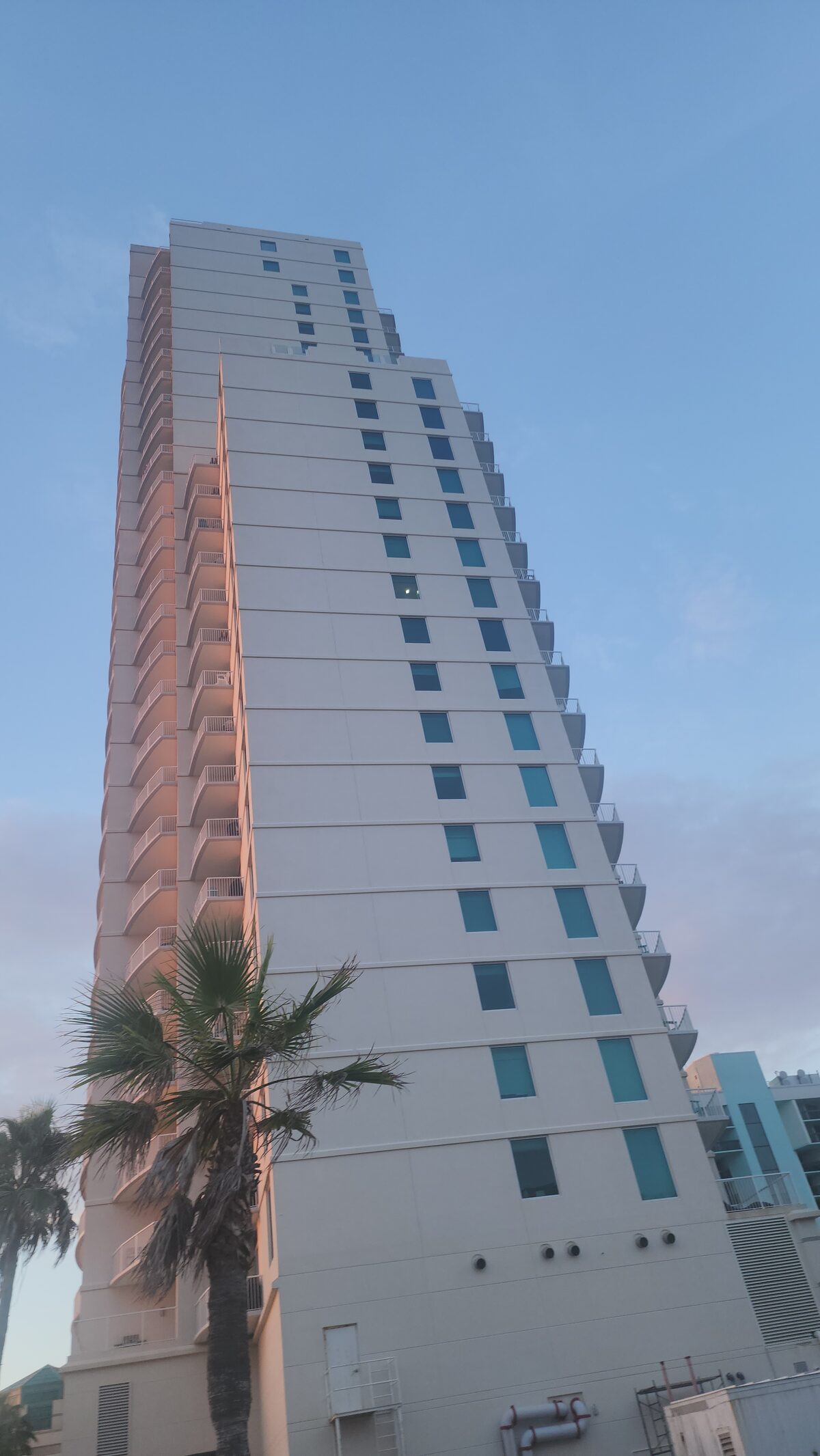 Tall white high-rise tower seen from below, its curved balconies glowing pink in low evening light, with a fan palm in front against a pale evening sky.