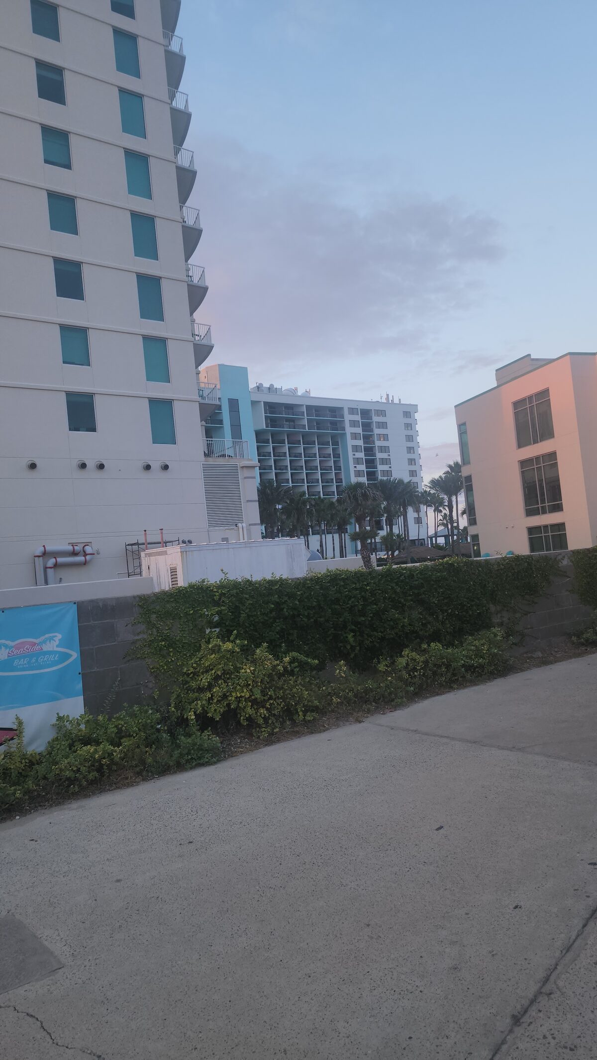 A wide concrete path by a hedge-topped block wall with a SeaSide Bar & Grill banner, below tall towers and palms under a pale sky with pink evening clouds.