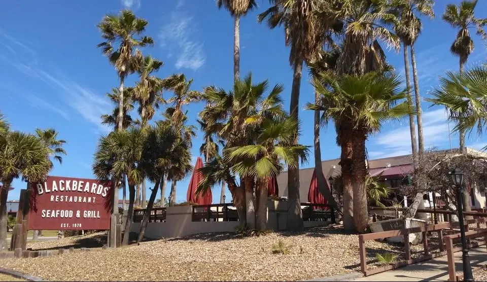 The Blackbeards' Restaurant sign by the road, with palm trees and the building behind