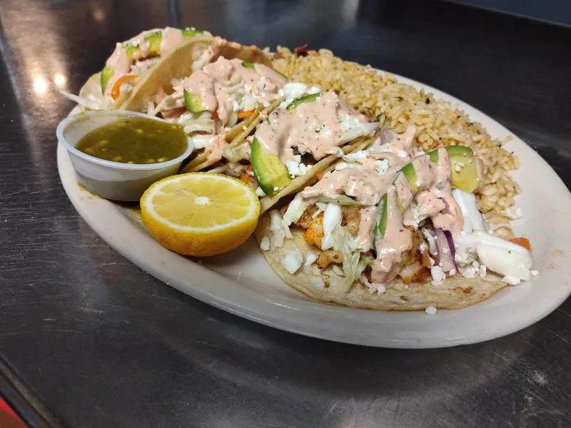 Blackened Baja shrimp tacos with rice at Blackbeards' Restaurant