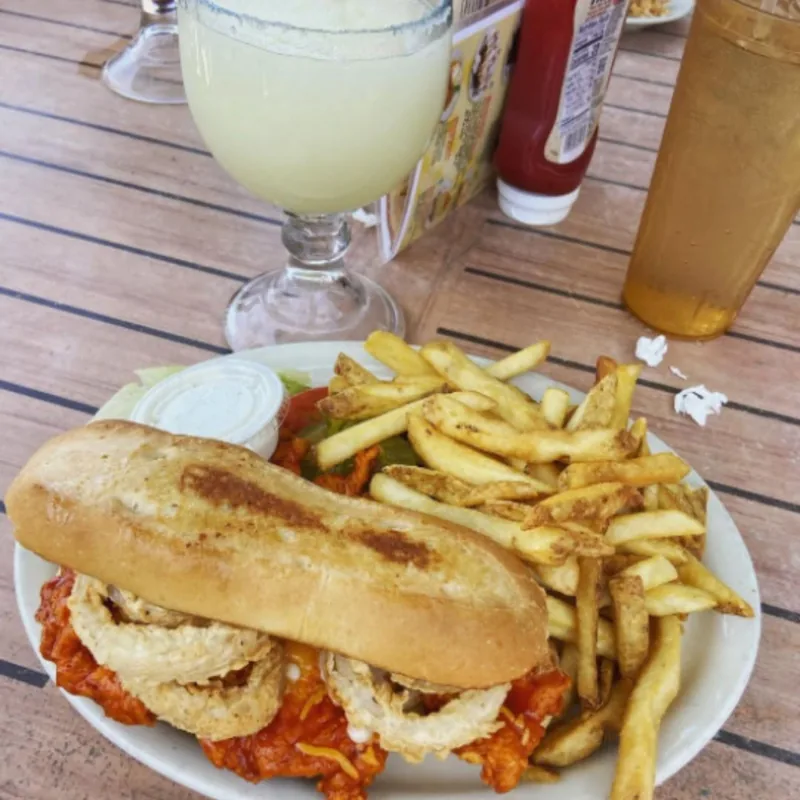The Buffalo Chicken sandwich with fries at Blackbeards' Restaurant