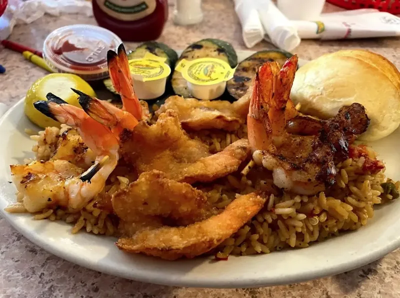 Shrimp 3 Ways: fried, blackened and charbroiled shrimp over rice at Blackbeards' Restaurant