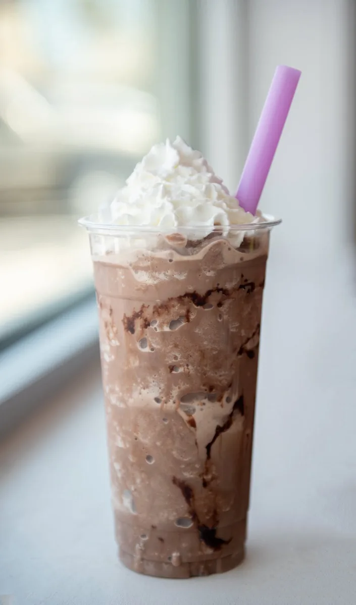 A blended mocha drink with whipped cream and a purple straw by a window