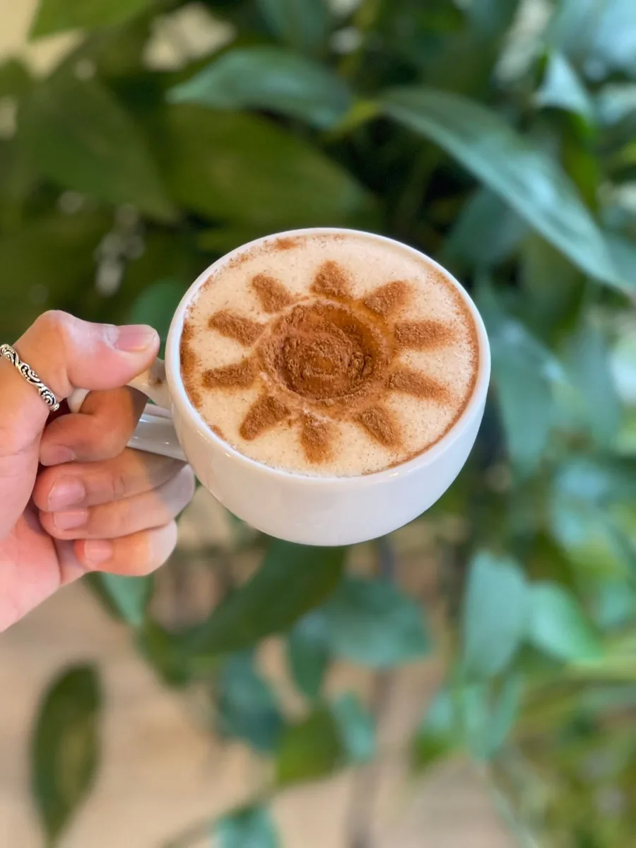 A cappuccino with a cinnamon sun stenciled on the foam, held up in front of green leaves