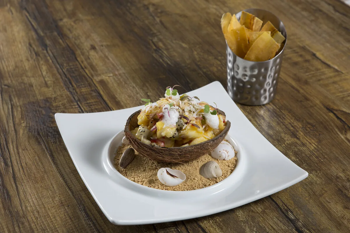 Ceviche served in a coconut shell on a bed of sand and seashells, with tortilla chips