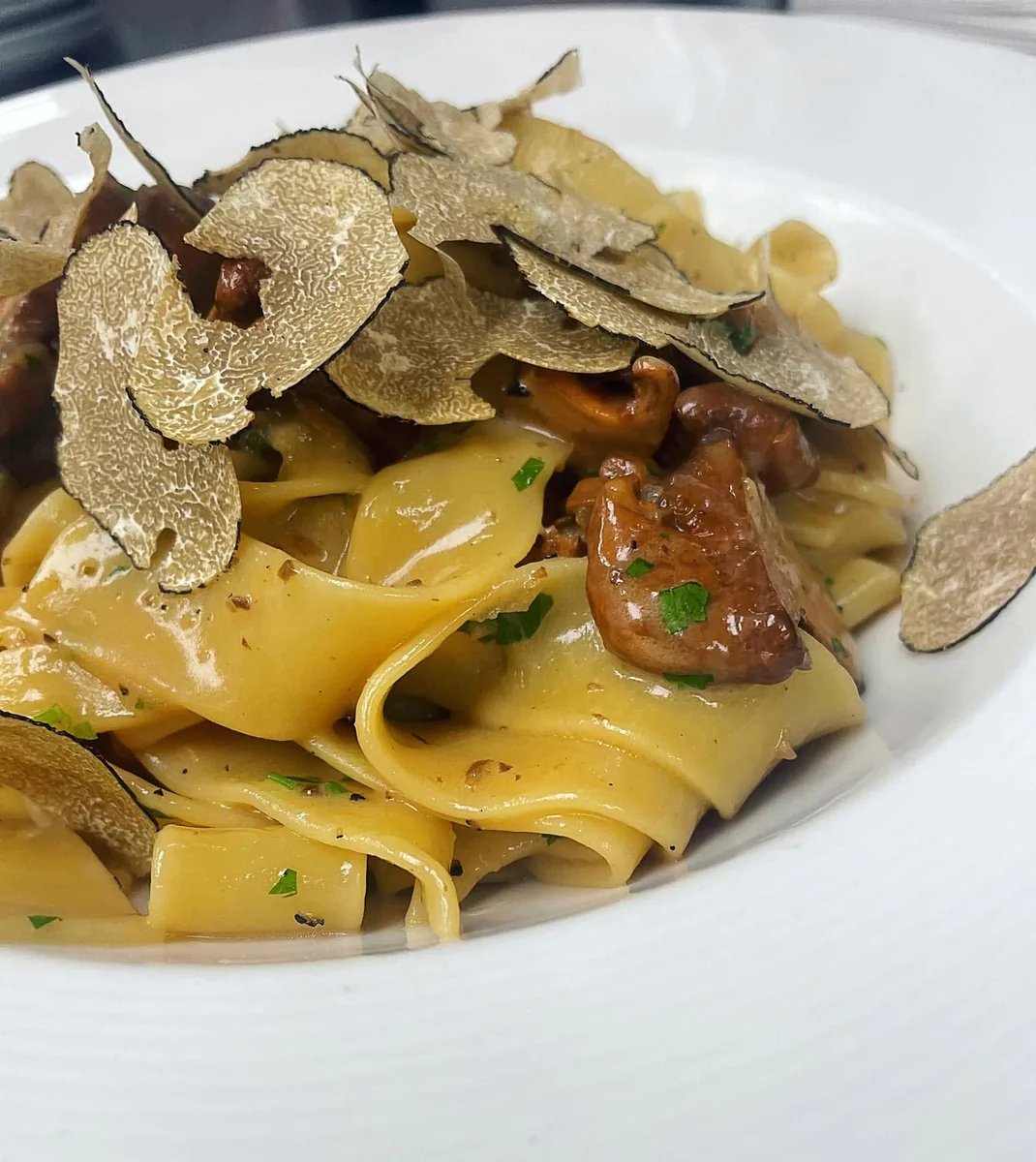 Pappardelle with chanterelle mushrooms under shaved Burgundy truffle