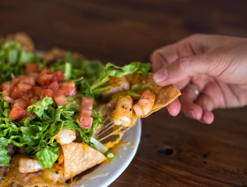 Loaded Nachos with shrimp at Grapevine Cafe