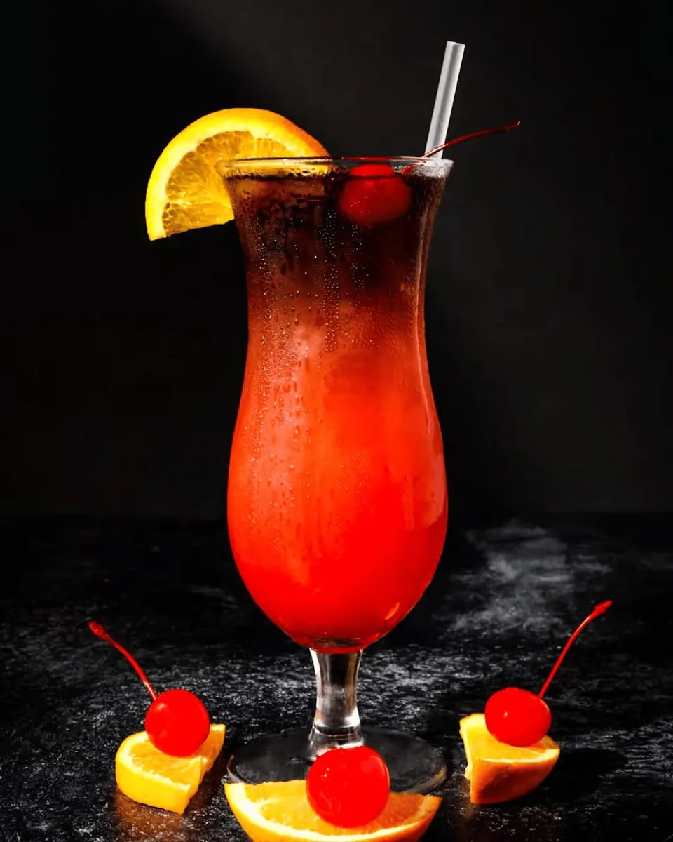 A tall red cocktail with an orange slice and cherries on a dark table