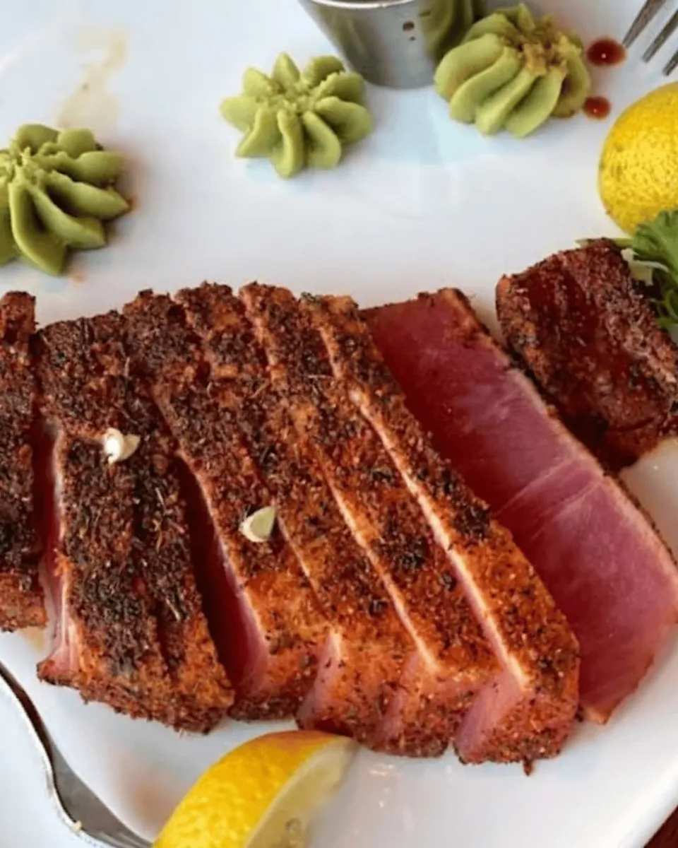 Slices of peppered ahi tuna seared rare, with wasabi and lemon