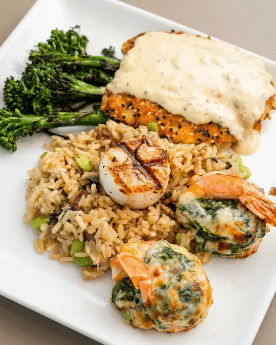 Snapper under a lobster cream sauce with a grilled scallop, stuffed shrimp, broccolini and rice