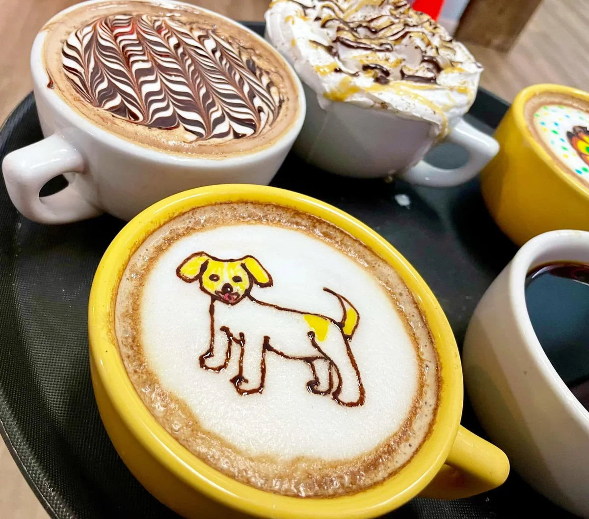 Coffee drinks on a tray: a latte with a hand-drawn puppy in the foam, a mocha with feathered chocolate and a whipped-cream drink
